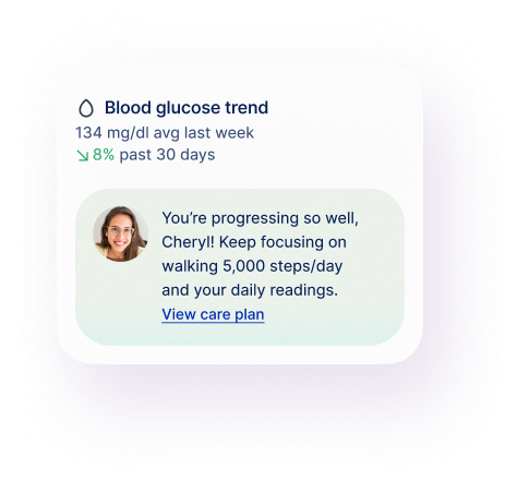 screenshot of cadence monitoring data that shows lowered blood glucose, followed by a notification reading: You're progressing so well,
Cheryl! Keep focusing on
walking 5,000 steps/day
and your daily readings.