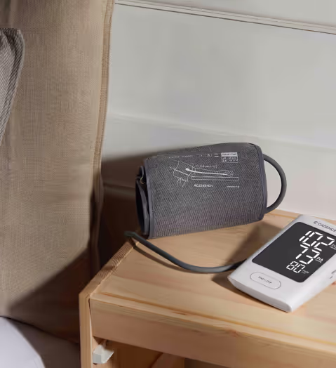 blood pressure cuff on a bedside table