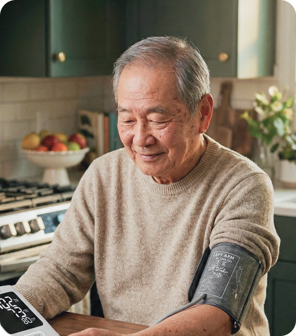 Patient checking blood pressure at home