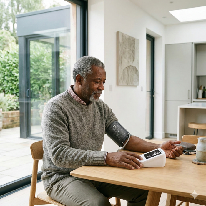 Patient taking a blood pressure reading at home